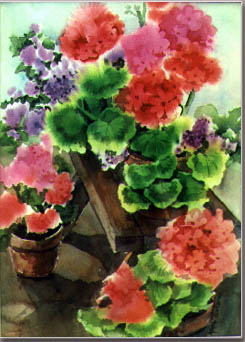 "Geraniums on Bench" (2000, Kathi Butorac)